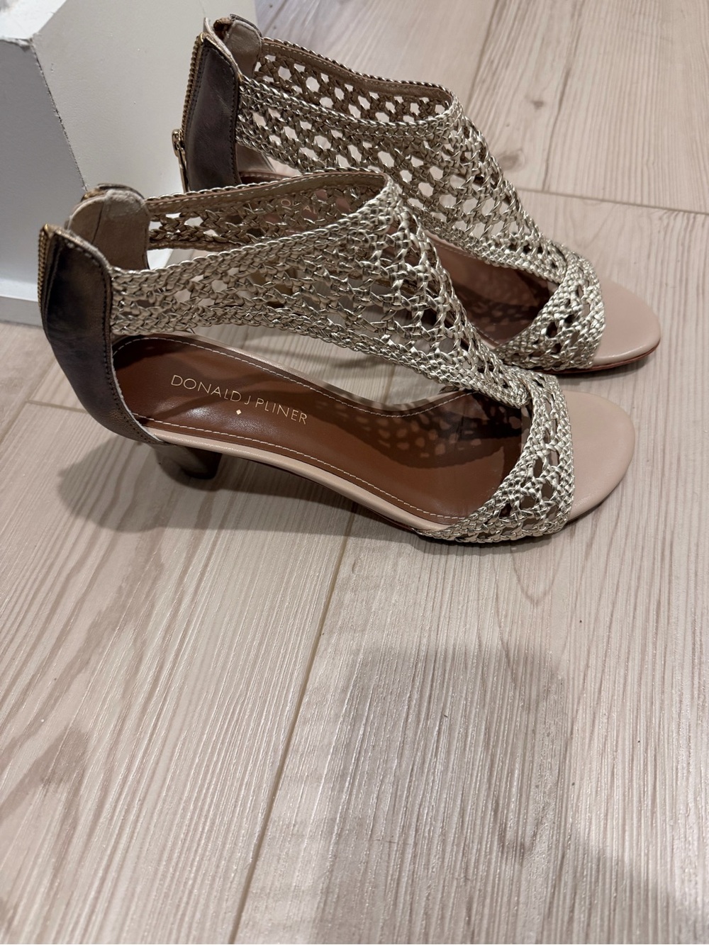 Donald J. Pliner Gold Crochet Open-Toe Mid-Heel Sandals